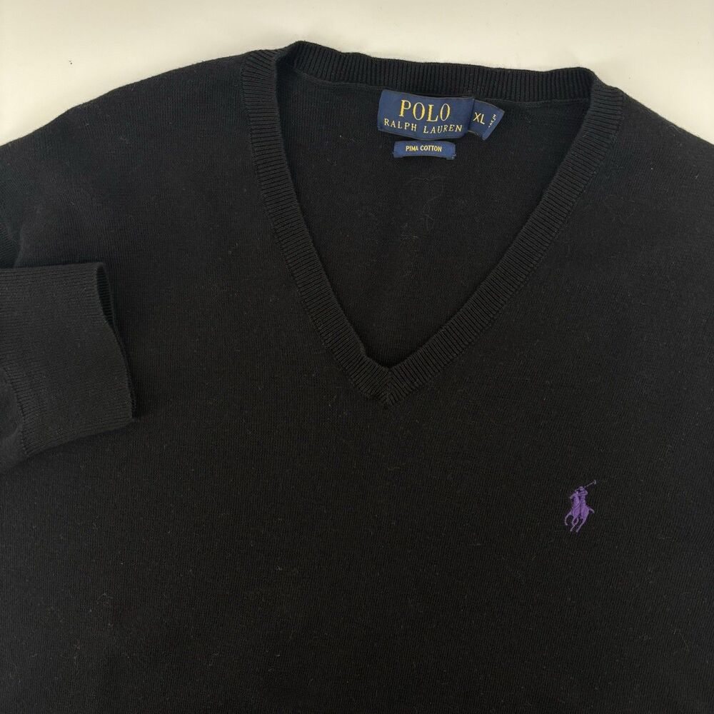 Polo Ralph Lauren Sweater Men XL Black V Neck Pima Cotton Pullover Purple Pony
